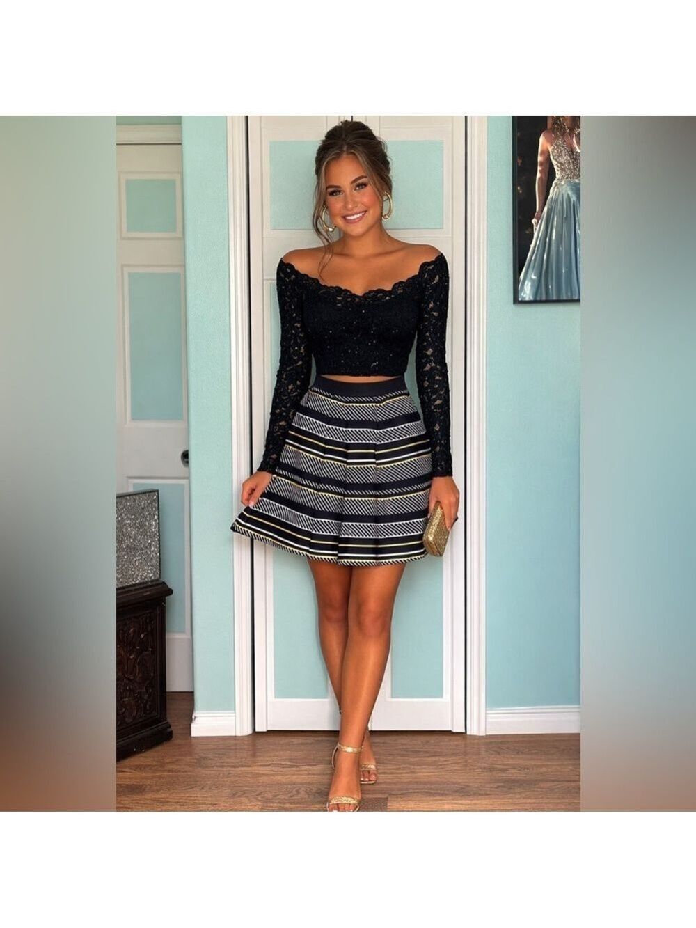 Size 12 2 piece short dress Homecoming cocktail Black Yellow Long Sleeve Lace